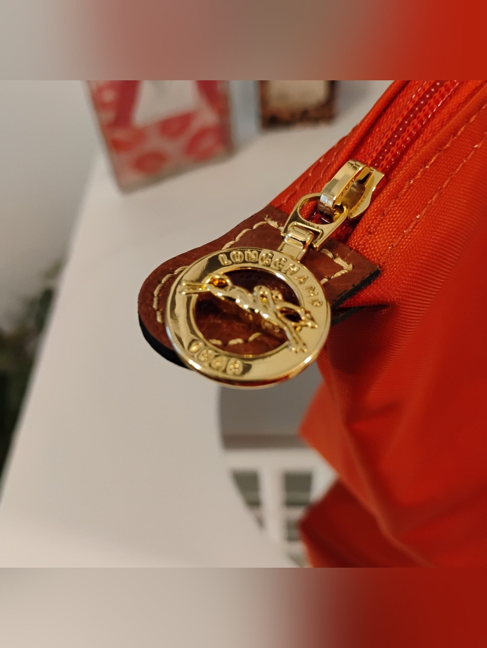 Longchamp Classic Nylon Tote - Orange with Cognac Leather Trim & GHW - Picture 4 of 15